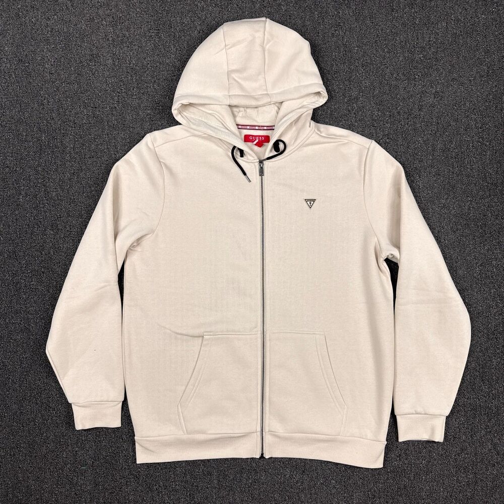 NEW Guess Sweater Mens Beige Hoodie Full Zip Casual Jacket Size Medium